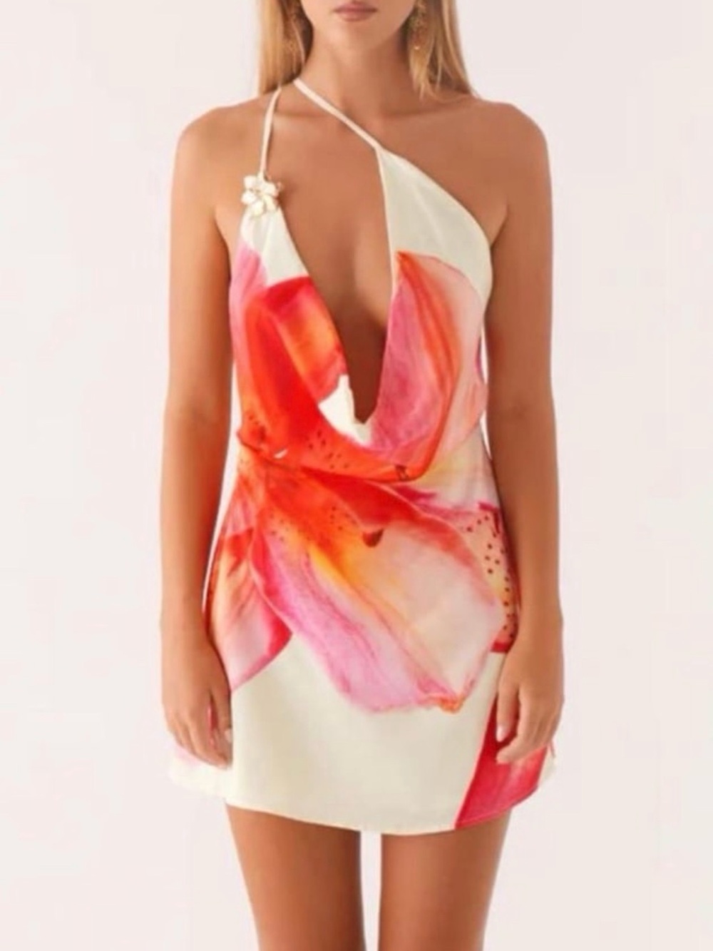 Floral Plunge Halter Mini Dress - Pink/Orange
